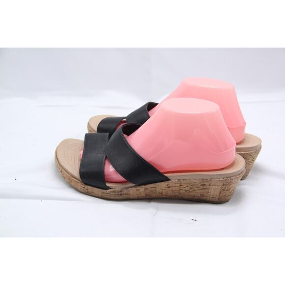 Crocs A Leigh Sandals Womens Sz 10 Black Leather Cork Wedge Heel Slip On Slide - Picture 3 of 7